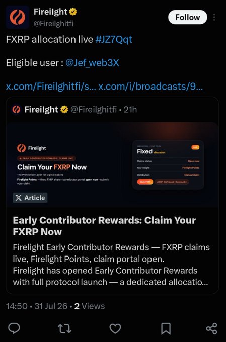 A Twitter post from Firelight (@Firelightfi) about F XRP allocation live for user @Jef_web3X, promoting their 'Early Contributor Rewards: Claim Your FXRP Now' article.