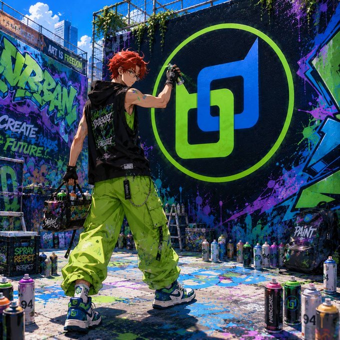 An anime-style illustration shows a red-haired character in green pants and a black vest spray-painting a large wall with a green and blue logo, surrounded by spray cans and other graffiti.