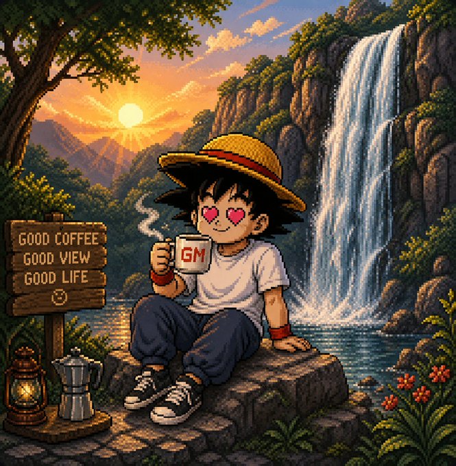 Pixel art of an anime character wearing a straw hat with heart-shaped eyes, sitting on a rock by a waterfall holding a mug labeled "GM," next to a wooden sign reading "GOOD COFFEE GOOD VIEW GOOD LIFE."
