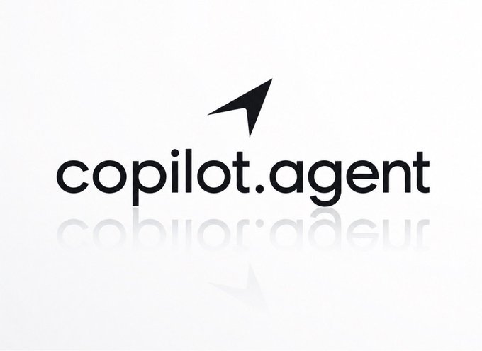A sleek logo featuring the text "copilot.agent" in black lowercase letters with an upward-pointing arrow above it, set against a white background with a subtle reflection beneath. The design visually reinforces the post's message, emphasizing growth and upward momentum associated with the AI-driven domain name.