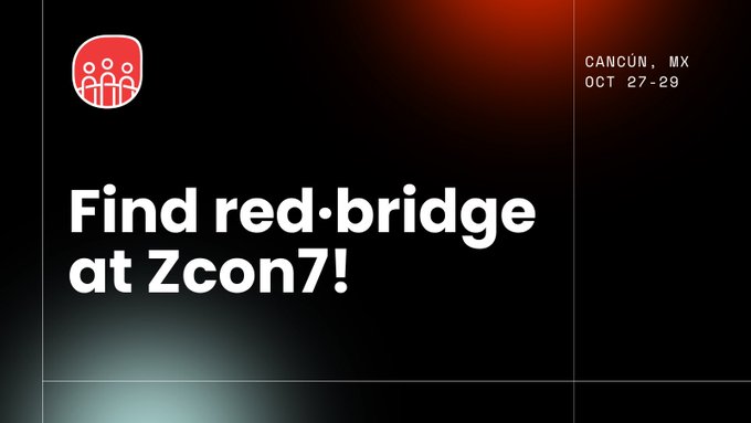 A promotional graphic with a red logo that says 'Find red·bridge at Zcon7!' and text 'CANCÚN, MX OCT 27-29'.