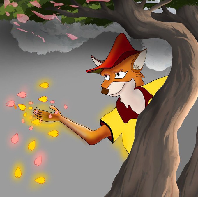 A digital illustration of an anthropomorphic fox character wearing a red hat and yellow shirt, peeking from behind a tree while catching glowing yellow and pink flower petals.