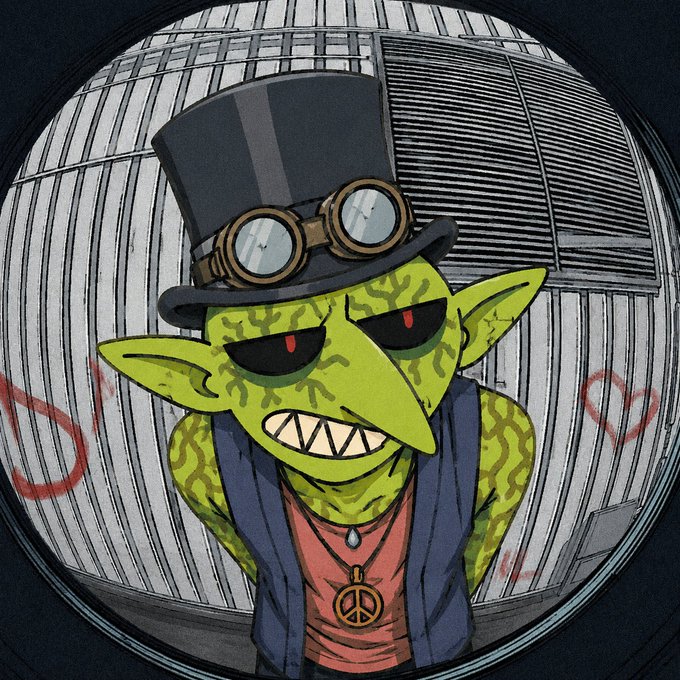 A green-skinned goblin-like creature with pointed ears, red eyes, and a toothy grin wears a black top hat with goggles, photographed through a fisheye lens that shows red graffiti on the wall behind it. The character fits the post's "cute meets weird" theme, styled in a steampunk aesthetic for the "Goblynz" NFT collaboration with @momoyumemi.