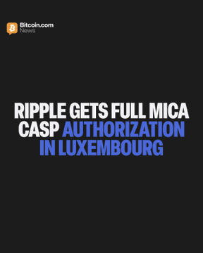 A black promotional graphic from Bitcoin.com News featuring bold text that reads "RIPPLE GETS FULL MiCA CASP AUTHORIZATION IN LUXEMBOURG," complementing the announcement about Ripple receiving full regulatory approval from Luxembourg's CSSF to operate as a licensed cryptoasset service provider across the European Economic Area.