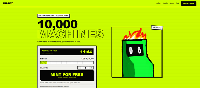 The website displays "MACHINES" by "RH·BTC" as a free mint on the Robinhood Chain with "10,000" supply, showing a countdown of "11:44" and "1,257 / 10,000" minted, alongside pixel art of a green ATM-like machine with flames, reinforcing the post's call to mint at btcmachine.gg.