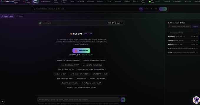 A dark-themed dashboard called 'Claud' showing various tools (Code, Shell, Files, OCR, etc.) and a 'SOL GPT default' agent interface labeled 'SOL GPT (TSX 402)' that handles crypto tasks like price quotes, charts, and bridging via a Wallet Standard wallet.