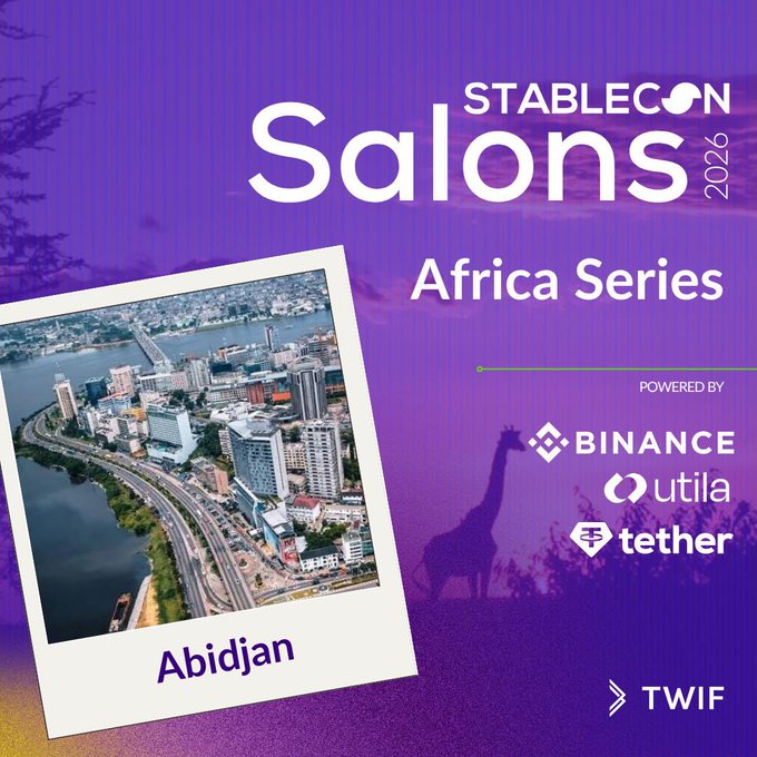 Promotional graphic for the Stablecon 2026 Salons Africa Series event in Abidjan, featuring a polaroid-style cityscape and a giraffe silhouette, powered by Binance, UtiLA, and Tether.