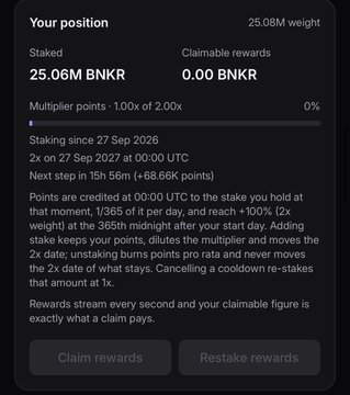 A mobile app screenshot displays a staking position of 25.06M BNKR with 0.00 BNKR in claimable rewards, showing a 2x multiplier and a multiplier bar at 0%.