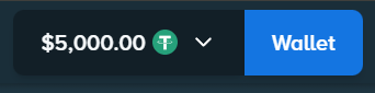 The image displays a digital wallet balance of $5,000.00 (Tether/USDT) next to a blue "Wallet" panel, visually showcasing the crypto balance mentioned in the livestream announcement.