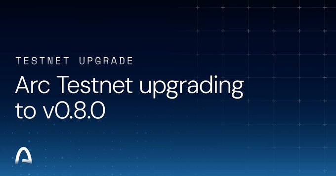 A graphic announcing the Arc Testnet upgrade to v0.8.0, featuring the header "TESTNET UPGRADE" and the Arc logo against a dark blue grid background. The image visually corresponds to the post's announcement of the upgrade, which activates on September 3, 2026.