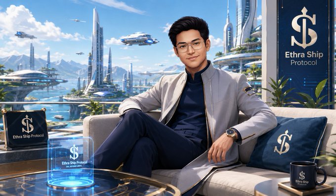 A promotional image showing a young man with glasses seated in a futuristic city setting, surrounded by 'Ethra Ship Protocol' branded merchandise and a holographic logo display.