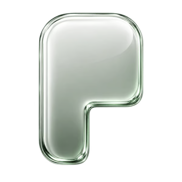A glossy, translucent, 3D-rendered letter 'P' on a white background.