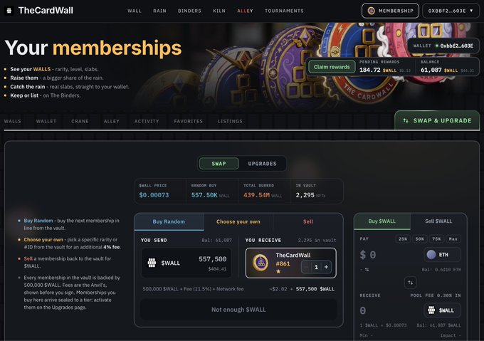 Screenshot of TheCardWall website showing the 'Your memberships' page with a wallet balance of 0xbbE2...603E, featuring options to swap and upgrade $WALL tokens, currently displaying 'TheCardWall #661'.