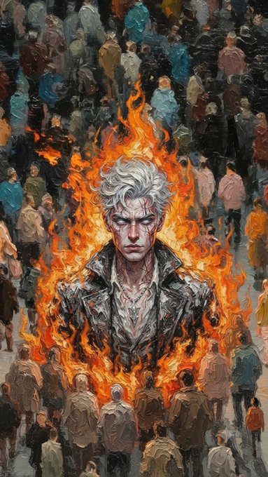 A dramatic digital painting of a white-haired man surrounded by flames, standing amidst a crowd of people in muted tones.