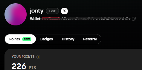The screenshot shows a user profile "jonty" with a wallet address partially visible, displaying 226 PTS in a points section. This appears to relate to the @axisrobotics project mentioned in the post, where the user is tracking their accumulated points to stay active and not miss early project opportunities.