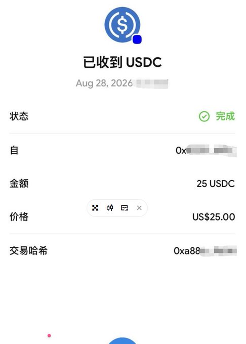 A mobile app screenshot showing a completed USDC cryptocurrency transaction receipt for 25 USDC ($25.00) with status marked as 完成 (Completed), dated Aug 28, 2026, including wallet addresses and transaction hash.