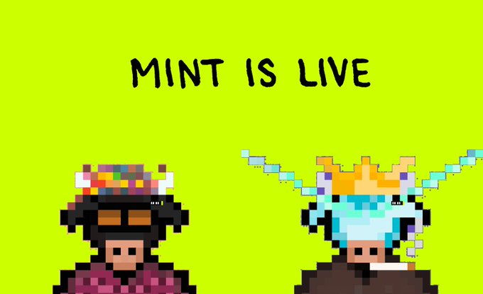 Two pixel-art bull characters appear beneath the text “MINT IS LIVE” on a bright green background. The image promotes the Pixel Bulls mint and their upcoming herd on OpenSea, matching the call to play the game and mint at pixelbulls.vercel.app.