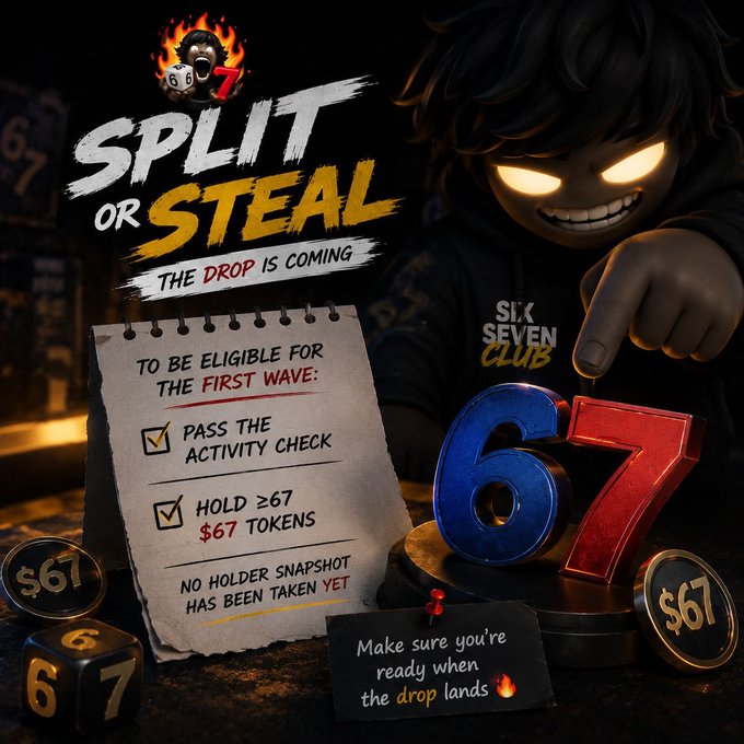 A promotional graphic for 'SPLIT OR STEAL - The Drop is Coming' featuring a Six Seven Club mascot and requirements to hold 67 $67 tokens.