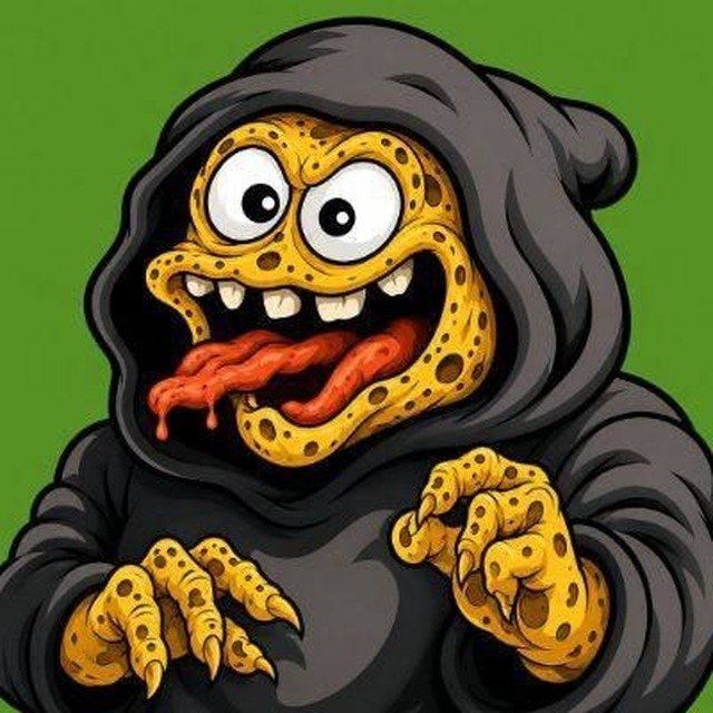 A cartoonish, hooded figure with a grotesque cheese-like face, wide bulging eyes, clawed hands, and a red tongue oozing from its mouth is set against a green background. The grotesque, no-utility "cheese monster" perfectly embodies the chaotic, absurd, and predatory spirit of the "Cheese Head" memecoin launching on BNB Chain.