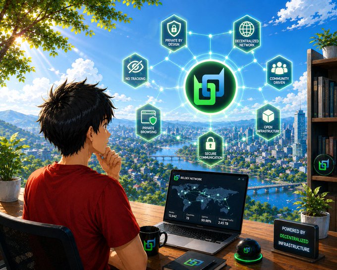 A young man sits at a laptop displaying the "Helix Network" dashboard with metrics (78, 99.98%, 2.45 TB) while contemplating a floating holographic diagram showing features like "Private by Design," "No Tracking," "Decentralized Network," "Secure Communication," and "Open Infrastructure" — visually illustrating the post's message about how decentralized infrastructure can offer an alternative to centralized internet services by distributing control and protecting user data.