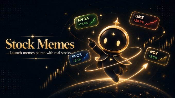A promotional graphic titled 'Stock Memes' with the tagline 'Launch memes paired with real stocks,' featuring a glowing golden astronaut character surrounded by stock tickers including 'NVDA +12.4%', 'GME +28.7%', 'SPCX +3.1%', and 'NDX +5.6%'.