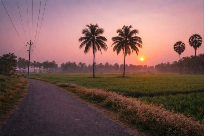 A serene sunrise over green rice fields with silhouetted palm trees, power lines, and a winding paved path under a pink and orange sky.