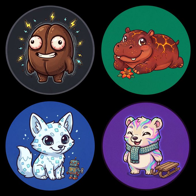 A set of four circular cartoon illustrations featuring a coffee bean character with lightning bolts, a smiling brown hippo on a green background, an arctic fox with a small robot on a blue background, and a happy bear wearing a scarf with a sled on a purple background.