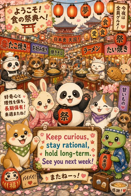 An illustrated Japanese festival scene features anthropomorphic animals (panda, rabbit, dog, cat, turtle) with Japanese signage and banners, plus an English sign reading "Keep curious, stay rational, hold long-term. See you next week!"