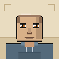 A pixel art avatar of a bald man with a brown goatee wearing a dark hoodie, framed by camera viewfinder brackets, being shared as the social media profile image for @zaddrnet alongside a "fill in the blank" caption.