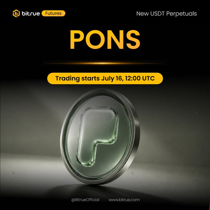 A promotional graphic from Bitrue Futures announcing the listing of PONSUSDT perpetuals, featuring the text "PONS," "New USDT Perpetuals," and "Trading starts July 16, 12:00 UTC," alongside a stylized metallic coin displaying the "P" logo, all set against a dark background that reinforces the sleek, professional aesthetic of the announcement.