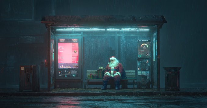 An artistic digital illustration showing Santa Claus sitting at a rainy bus stop at night, with a vending machine displaying BTC and ETH prices next to him.