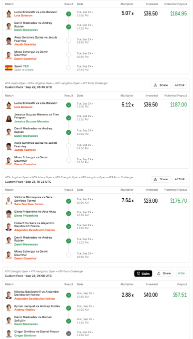 A screenshot of a sports betting application showing various WTA tennis matches (Atlanta Open, Chengdu Open, ATP Chengdu Open), with matchups, multipliers, and potential payouts listed in green text.