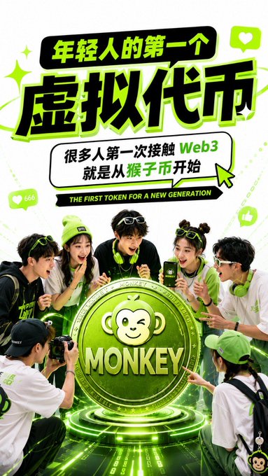 A vibrant green promotional poster for 'MONKEY' token features Chinese text including '年轻人的第一个虚拟代币' (Young people's first virtual token) and '很多人的第一次接触 Web3 就是从猴子币开始' (Many people's first contact with Web3 starts with Monkey Coin), with 'THE FIRST TOKEN FOR A NEW GENERATION' displayed at the bottom.