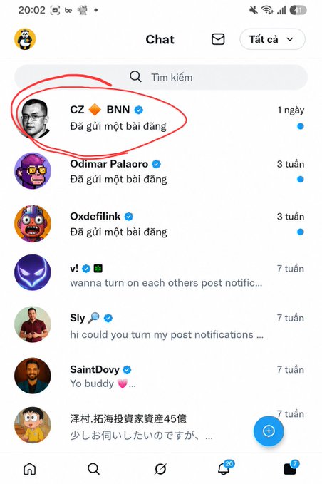 A mobile chat app interface (appears to be Threads) showing a list of contacts with the top entry 'CZ ♦ BNN' circled in red, indicating a verified account that posted 1 day ago.