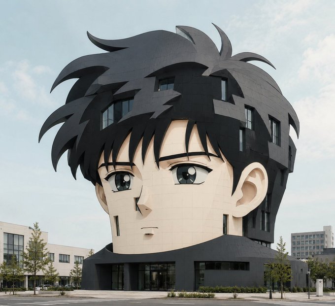 The image features an unusual, large-scale drawing of a boy's head made out of blocks or bricks. This unique structure appears to be located near a street corner, possibly at a city plaza. The building itself seems to be a modern architectural marvel with a black and white color scheme. The post accompanying the image reads "this is my  PFP" which translates to "your picture".