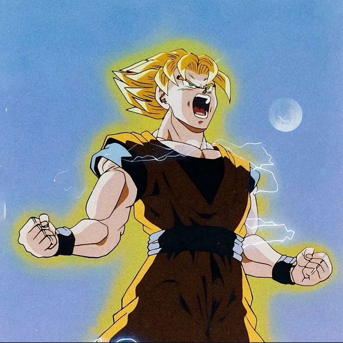 Goku from Dragon Ball Z in his Super Saiyan form with spiky blonde hair, screaming with intensity as a golden aura and electric bolts surround him against a blue sky with a moon.