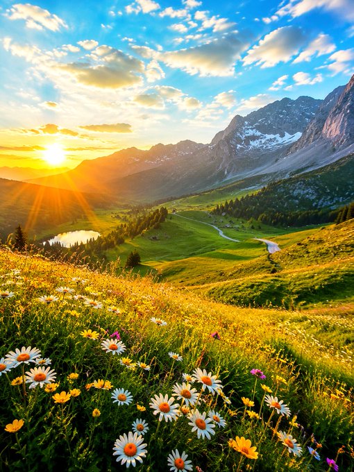 A breathtaking sunrise illuminates a vibrant alpine meadow filled with daisies and wildflowers, with golden light spilling across the valley toward distant snow-capped peaks. The scene perfectly echoes the message's warmth and optimism—a new day dawning with hope, beauty, and the promise that dreams shine brightest at sunrise.