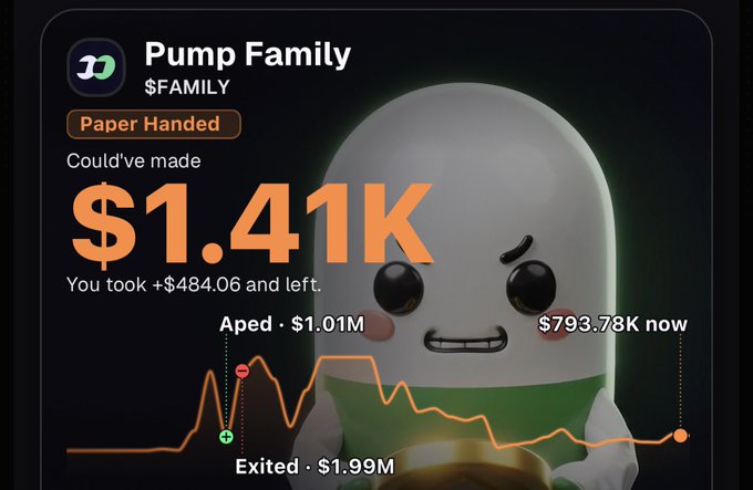 A meme graphic titled 'Pump Family $FAMILY' showing a sad cartoon character, highlighting a 'Paper Handed' investor who could have made $1.41K but took $484.06, contrasted with an 'Aped' total of $1.01M and an 'Exited' total of $1.99M.
