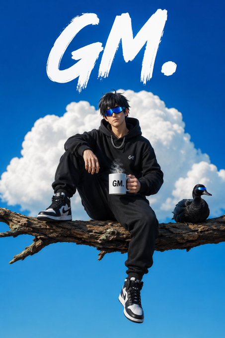 A stylized illustration of a young man in black streetwear and sunglasses sitting on a tree branch holding a 'GM.' mug, with a black duck beside him and 'GM.' painted in the sky.