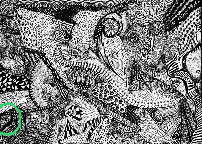 A dense, black-and-white abstract pen drawing filled with intricate patterns, faces, and textures, with a green circle highlighting a small detail in the lower left.