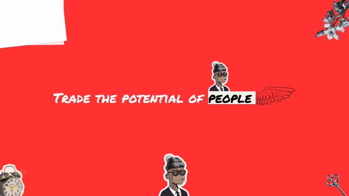A red promotional graphic featuring the text 'TRADE THE POTENTIAL OF PEOPLE' surrounded by cartoon characters, a winged element, a clock, and floral decorations.