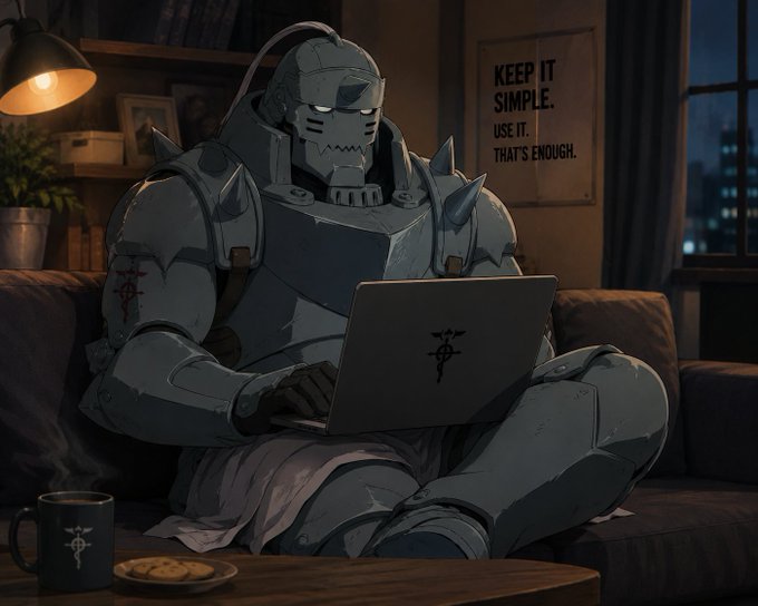 Anime-style artwork depicting a character resembling Alphonse Elric from Fullmetal Alchemist in gray armor sitting on a couch using a laptop with the Fullmetal Alchemist symbol, with a poster behind reading 'KEEP IT SIMPLE. USE IT. THAT'S ENOUGH.'