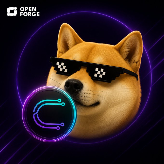 A promotional graphic showing a Shiba Inu dog wearing pixelated 'deal with it' sunglasses, with an 'OPEN FORGE' logo and a circular neon C-lettered emblem in the foreground.