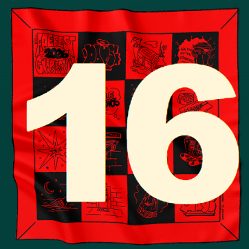 A red and black checkered bandana or cloth featuring a large white number "16" overlaid on it.