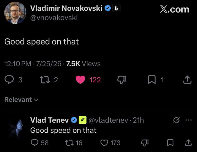 A screenshot of an X.com post by Vladimir Novakovski (@vnovakovski) saying 'Good speed on that', replying to a similar tweet by Vlad Tenev (@vladtenev).