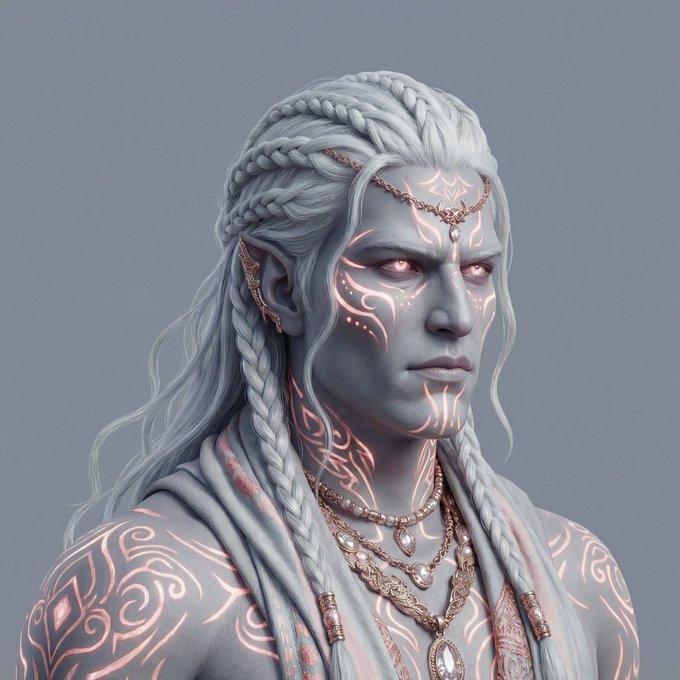 A fantasy character with gray skin, white braided hair, pointed ears, and glowing pink markings across his face and body, adorned with ornate jewelry.