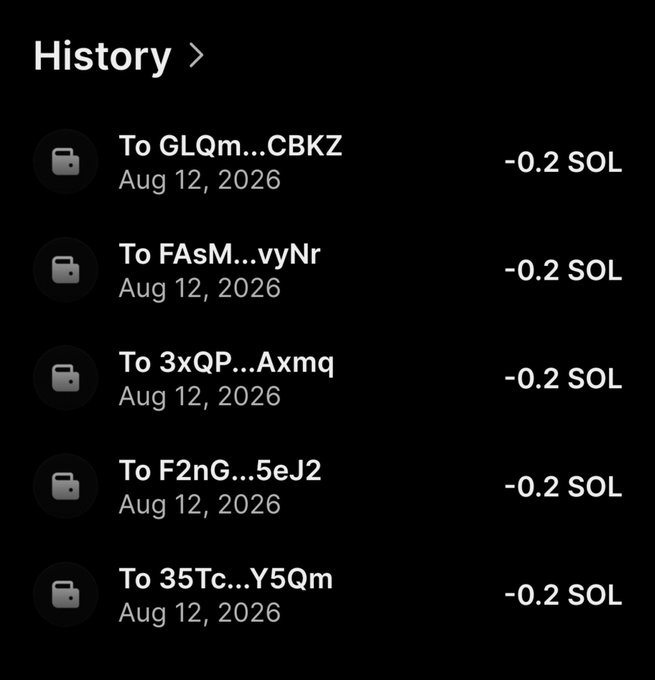 The image shows a transaction history on a crypto wallet displaying five separate outgoing transactions of -0.2 SOL each (totaling 1 SOL, close to the claimed 1.2 SOL) sent on August 12, 2026, to different wallet addresses (GLQm...CBKZ, FAsM...vyNr, 3xQP...Axmq, F2nG...5eJ2, 35Tc...Y5Qm), serving as partial proof to back up the user's claim of distributing 1.2 SOL of giveaway prizes.