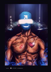 Digital artwork of a muscular, shirtless man wearing a glowing blue VR headset with digital/cyber elements and a heart symbol on his chest.