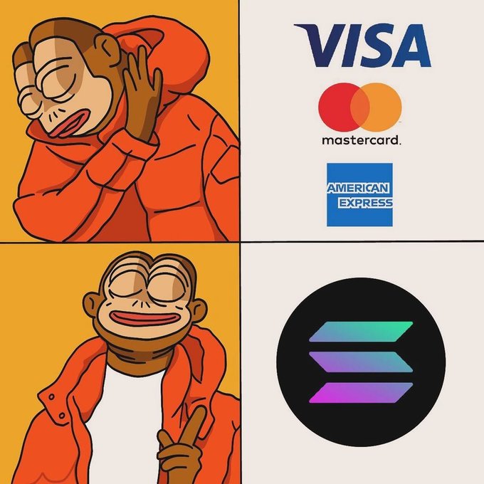 The image features a cartoon monkey wearing an orange jacket, holding up two different payment methods - Visa and Mastercard. The monkey is positioned above a blue circle that displays the logos of these two major credit card brands. The caption below the image reads "Paying with $SOL is the easiest and the only way".