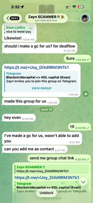 A Telegram chat with "Zayn SCAMMER!!" showing messages from Evan Luthra proposing a dealflow group collaboration and requesting contact addition, illustrating the scam attempt referenced in the post where someone tried to use the user's reputation to facilitate an $86,000 fraud.